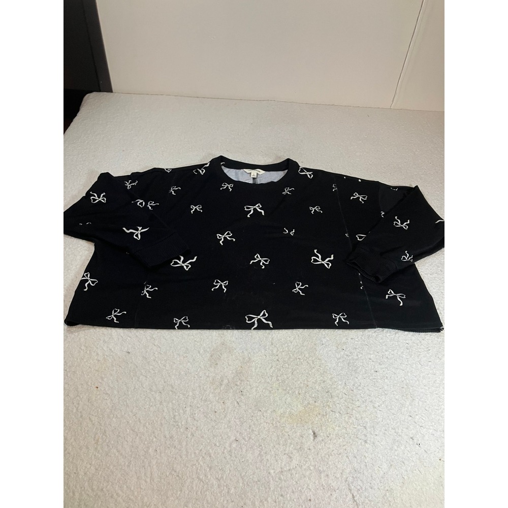 Lucky Brand Womens Black White Bow Print Cropped Sweatshirt Pullover Size L